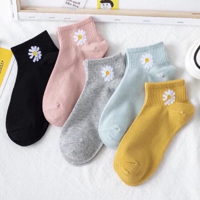 10 Pairs Pack Daisy Flower Print Cotton Ladies Ankle Socks