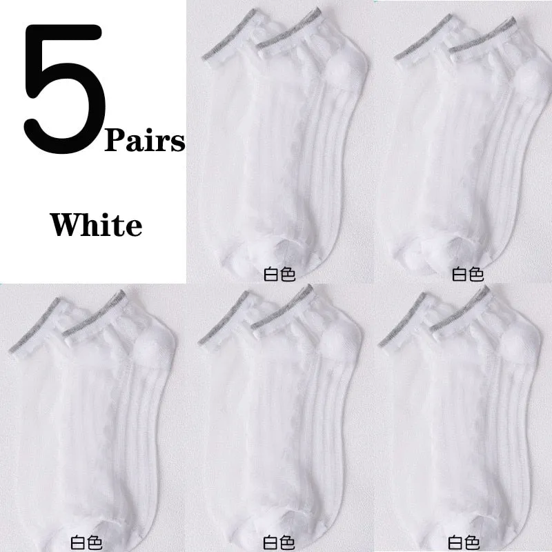 5 Pairs Ultra Thin Transparent Daisy Flower Design Ankle Socks