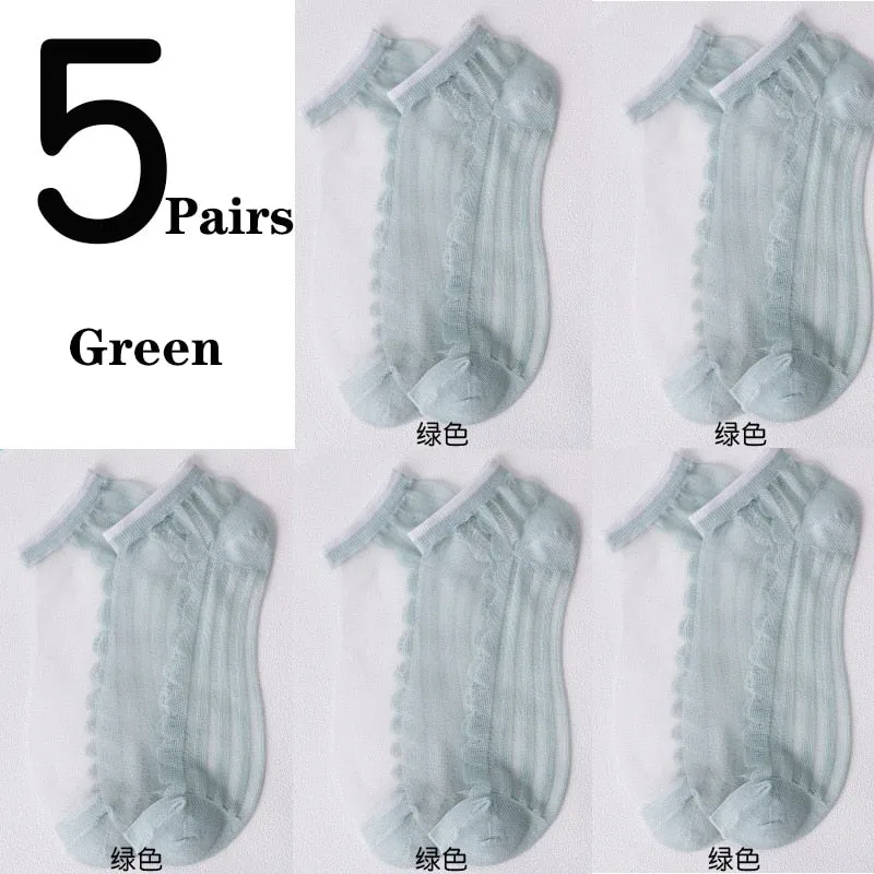 5 Pairs Ultra Thin Transparent Daisy Flower Design Ankle Socks