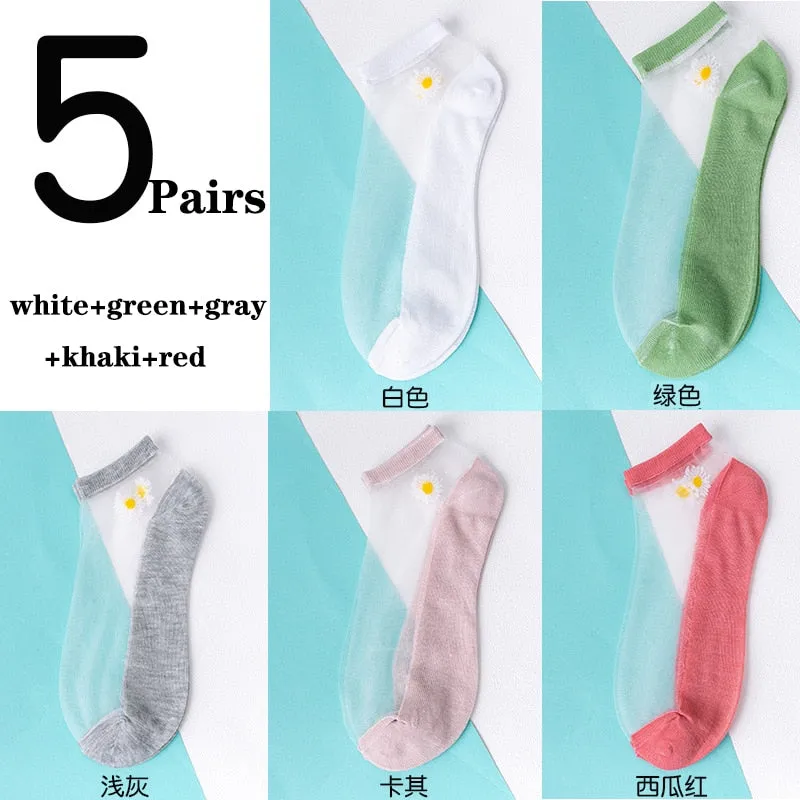 5 Pairs Ultra Thin Transparent Daisy Flower Design Ankle Socks