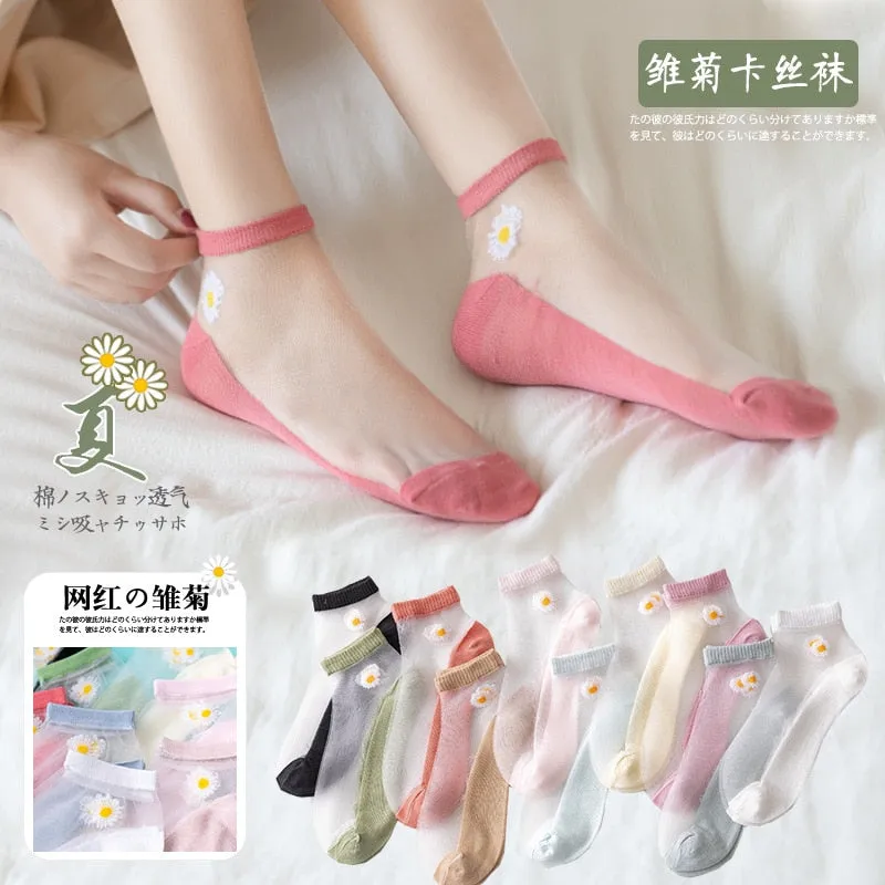 5 Pairs Ultra Thin Transparent Daisy Flower Design Ankle Socks