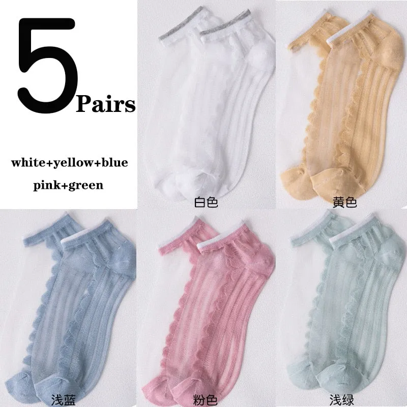 5 Pairs Ultra Thin Transparent Daisy Flower Design Ankle Socks