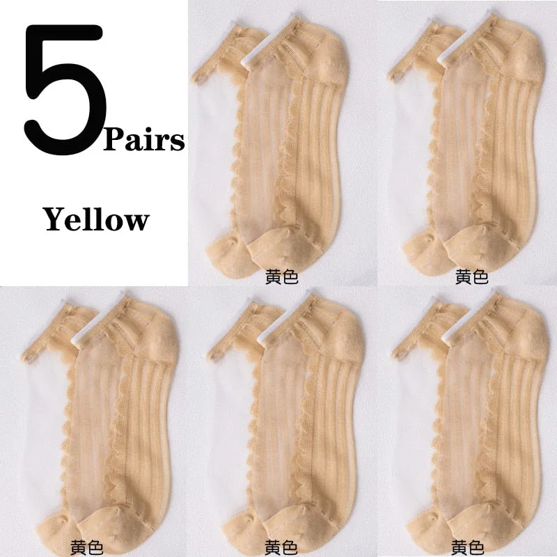 5 Pairs Ultra Thin Transparent Daisy Flower Design Ankle Socks