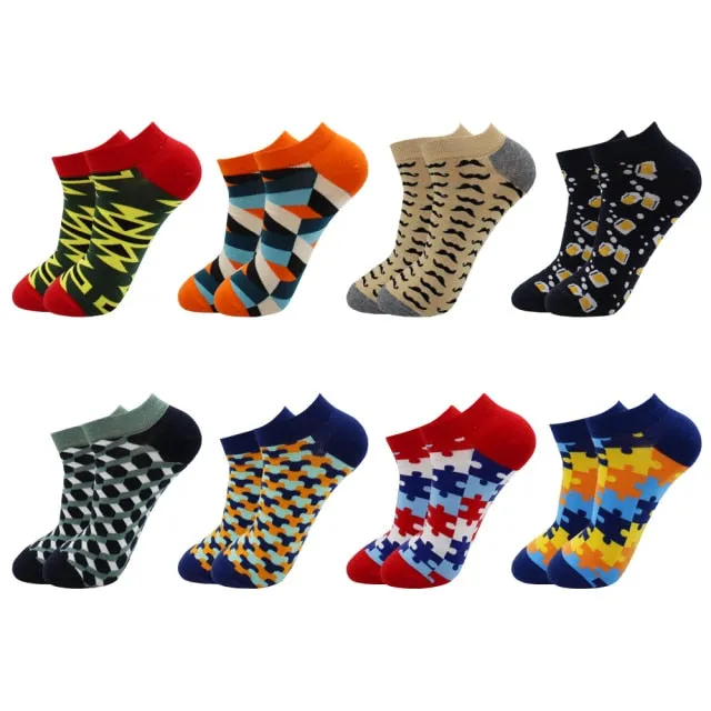 8-Pairs Beer socks | Casual Ankle Socks | Colorful Harajuku Fashion Grid Cotton