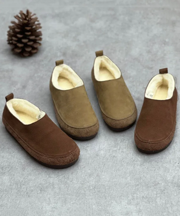 Chocolate Flats Cowhide Leather Casual Fuzzy Wool Lined Flats