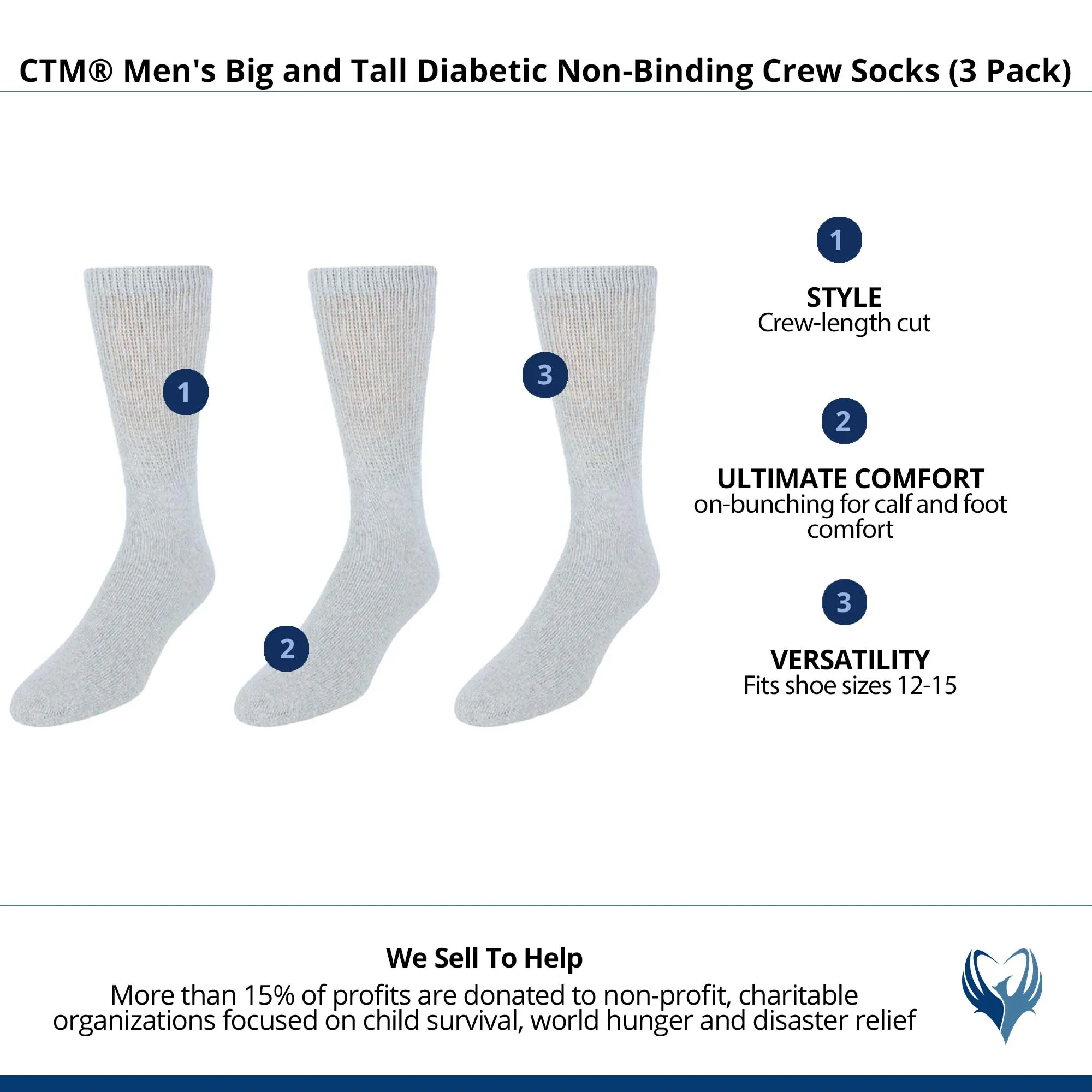 CTM® Men's Big and Tall Diabetic Non-Binding Crew Socks (3 Pack)