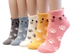 Cute Cozy Warm | Women Teen Girls | Crew Socks | 5 Pairs | (Cat Paws)