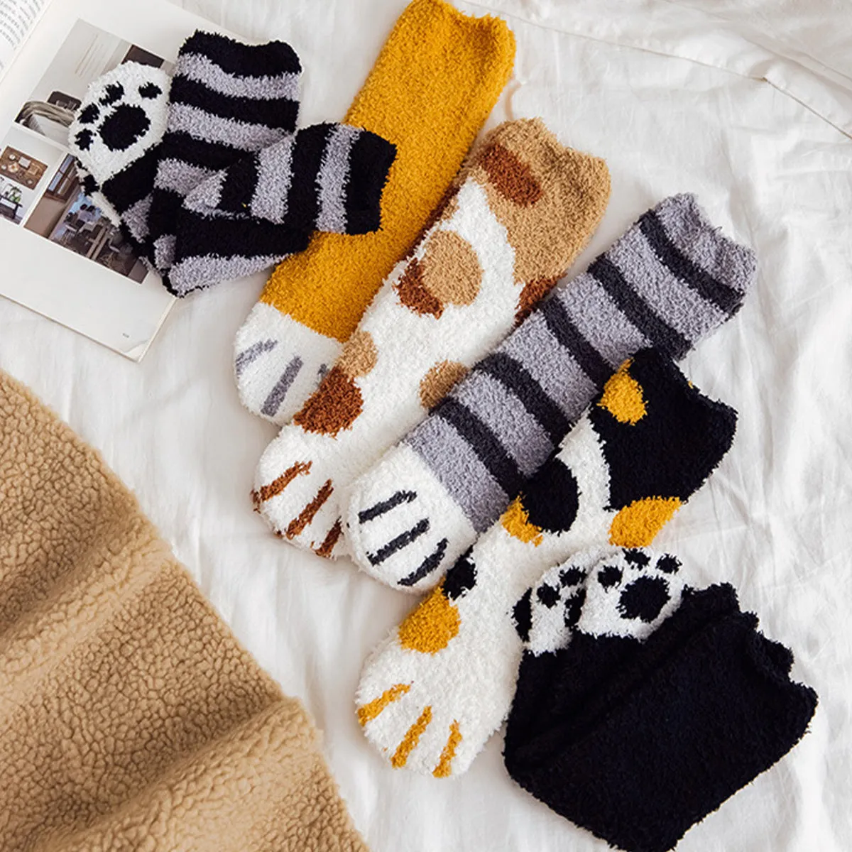 Funki Buys | Socks | Unisex Fuzzy Warm Paw Print Socks | 6 Pcs