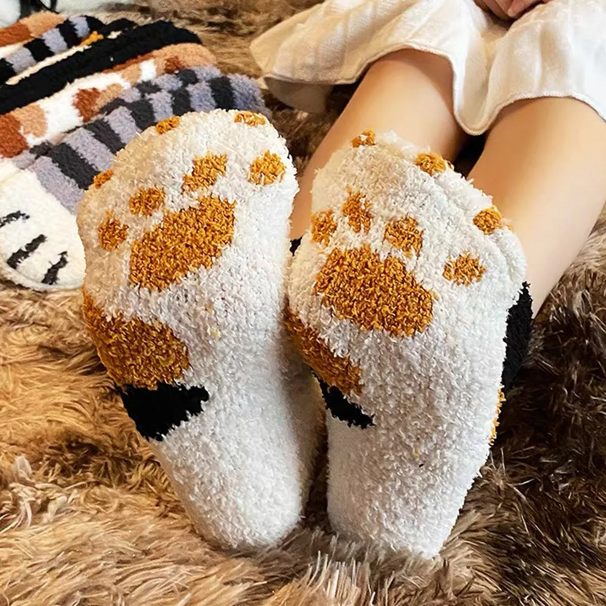 Funki Buys | Socks | Unisex Fuzzy Warm Paw Print Socks | 6 Pcs