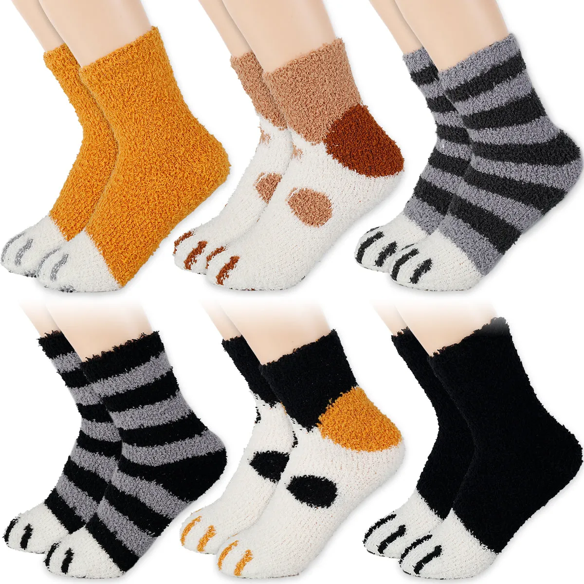 Funki Buys | Socks | Unisex Fuzzy Warm Paw Print Socks | 6 Pcs