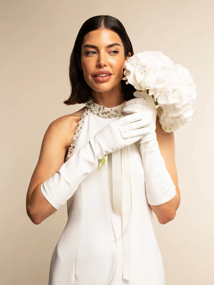 Gabriella (white) - Italian unlined 8-button length leather bridal / opera gloves