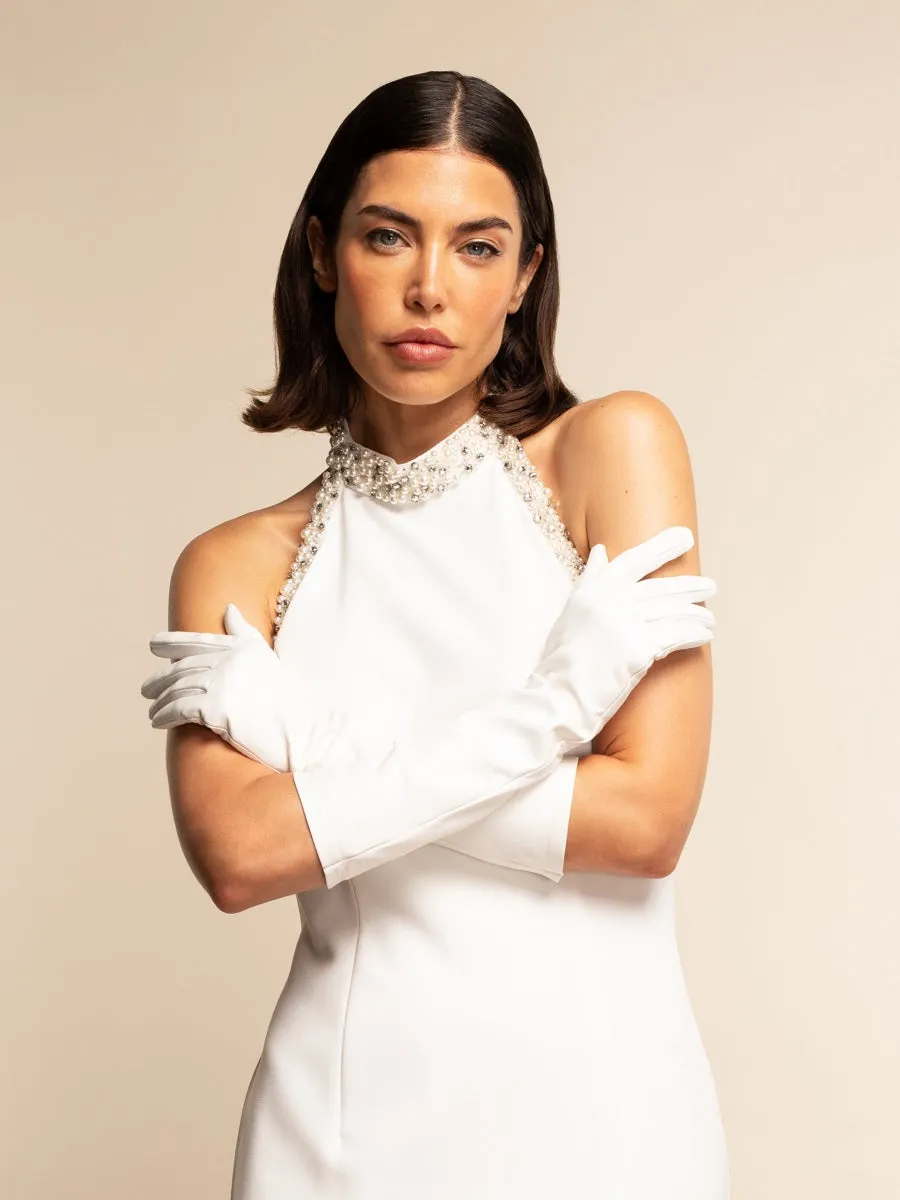 Gabriella (white) - Italian unlined 8-button length leather bridal / opera gloves