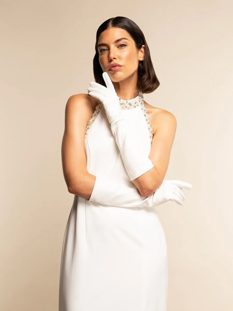 Gabriella (white) - Italian unlined 8-button length leather bridal / opera gloves