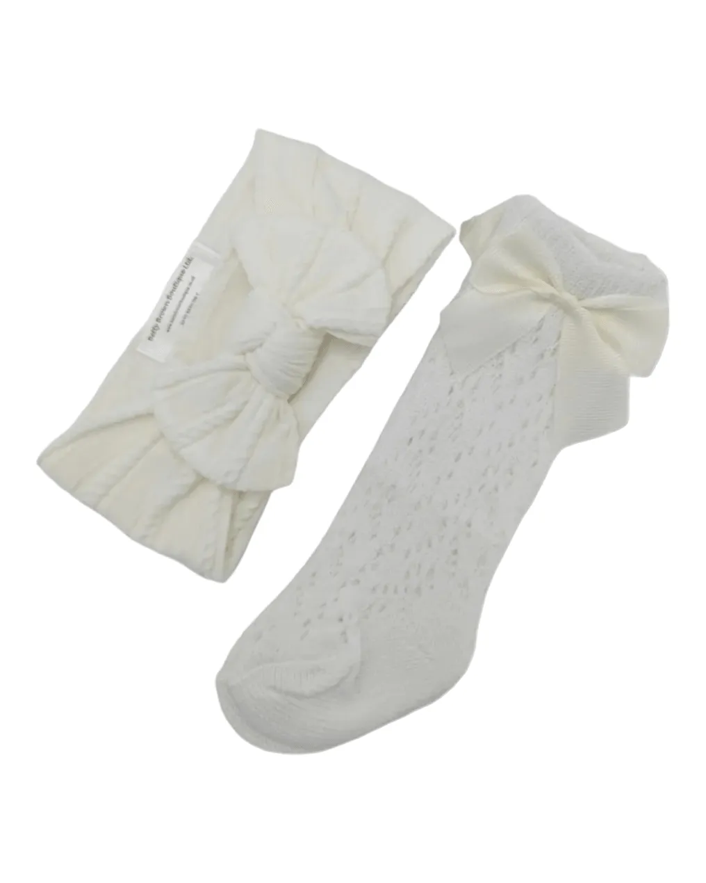 Our Pearl White Smaller Headband & Ivory Open Patterned Knee High Socks Set