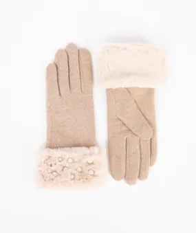 Pearl Studded Faux Fur Cuff Gloves - Honey