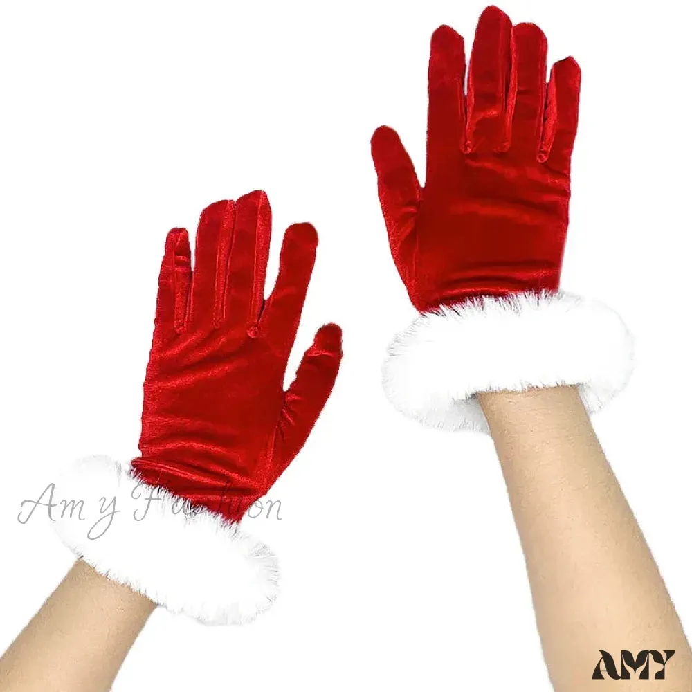 Red Gold Velvet White Plush Full Finger Christmas Party Costume Glove