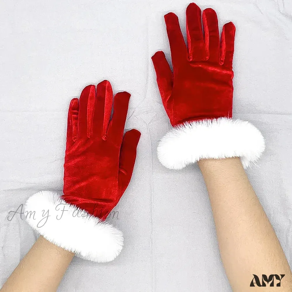 Red Gold Velvet White Plush Full Finger Christmas Party Costume Glove