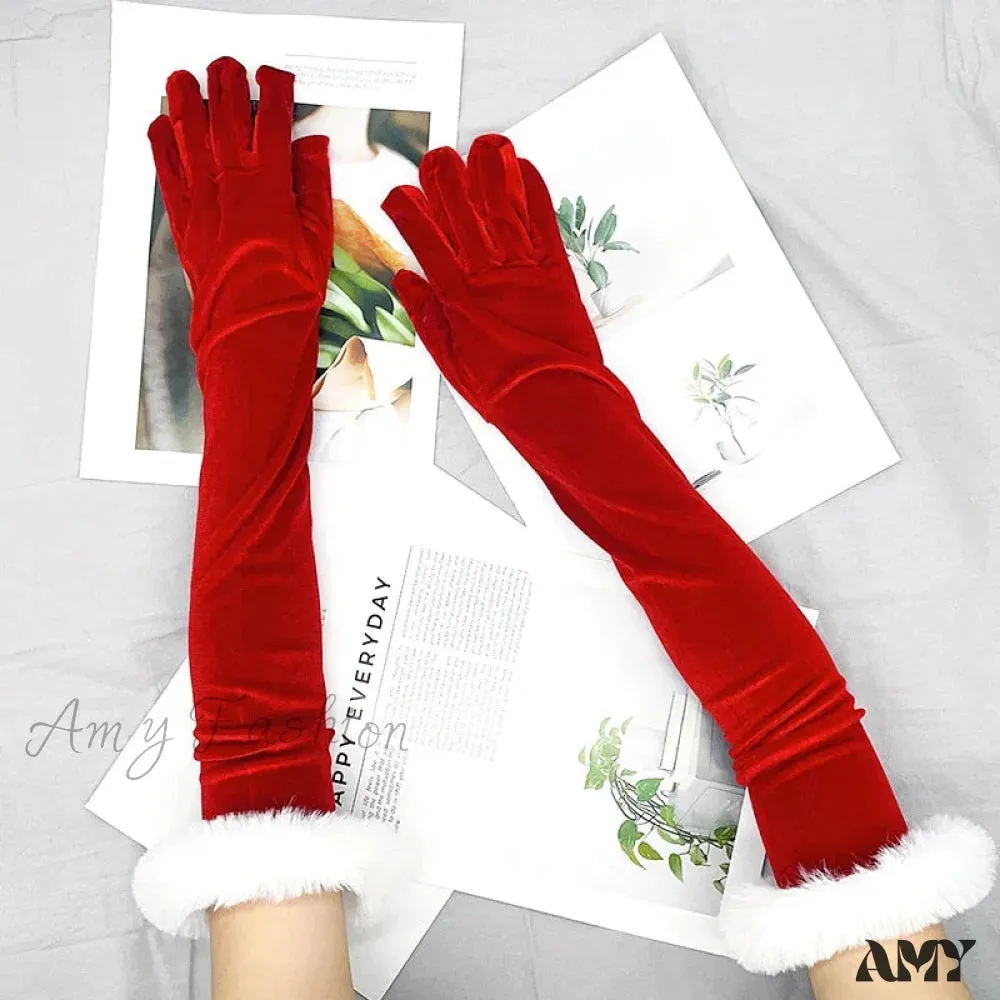 Red Gold Velvet White Plush Full Finger Christmas Party Costume Glove