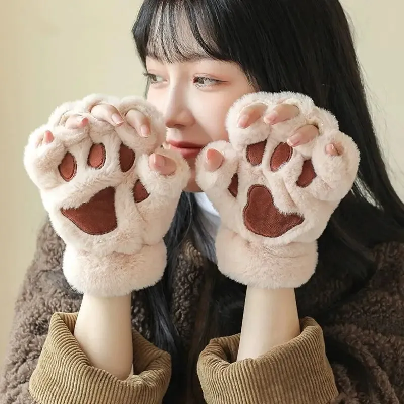 Sohiwoo Women Cartoon Cat Claw Gloves Thicken Fingerless Plush Bears Warm Cute Thick Bear Paw Fingers Half Winter Kawaii Mittens Gloves