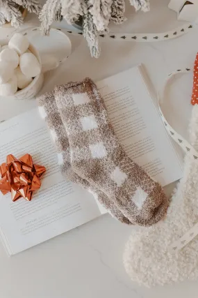 Taupe Gingham Plaid Fuzzy Socks - FINAL SALE