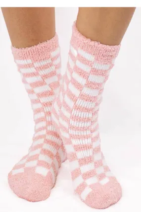 Women's Checkerboard Snuggle Socks-Pink/White